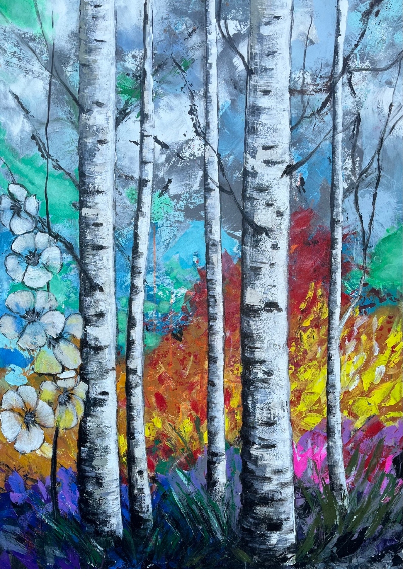 Birch Trees With Cherry Blossoms by Marzena Haupa
