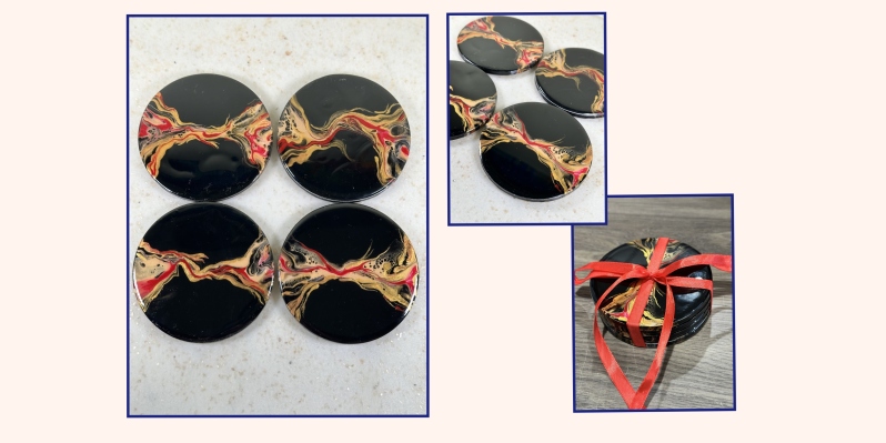 Product Description: Materials used: Fluid acrylics, 4" round ceramic tiles, cork backing, resin coating</br></br>Dimensions or size: 4w x 4h x0.25d inches</br>Various designs</br>Artist Statement: Though I have been drawing and painting all my life, I have only recently decided to pursue art after decades in the sciences. Art, to me, has always been therapeutic. Drawing and painting is what I turned to when I needed to relieve stress, or when I needed to work on a problem without actively thinking about it. I have always felt that my creative side worked hand-in-hand with my analytical side, and I discovered this to be especially true as an emerging fluid artist. As a fluid artist, I deal mostly with acrylics but I am starting to expand into alcohol inks and other fluid media. My background in chemistry has given me insight into fluid dynamics, especially when dealing evaluating the physical properties of the media I'm using, such as the roles density and surface tension plays in different fluids. Approaching and using technical or scientific concepts through a different lens--as an artist, as opposed to a chemist or pharmaceutical scientist--has broadened my understanding of fluids in a completely novel way. Needless to say, this has been an eye opening journey and I look forward to delving further into this exciting art form.</br></br>Bio: I am a chemist by education, and a pharmaceutical scientist and medical writer by profession. For nearly thirty years, I have worked in the pharmaceutical industry as a drug development scientist before switching from research to clinical studies and medical writing. I have worked in both the over-the-counter and ethical pharmaceuticals spaces, with a focus on the women's health and oncology therapeutic areas.</br></br>$24.00 *</br>*Price subject to sales tax.</br></br>Item Number: FK05</br> Round Coasters by Francine Kay