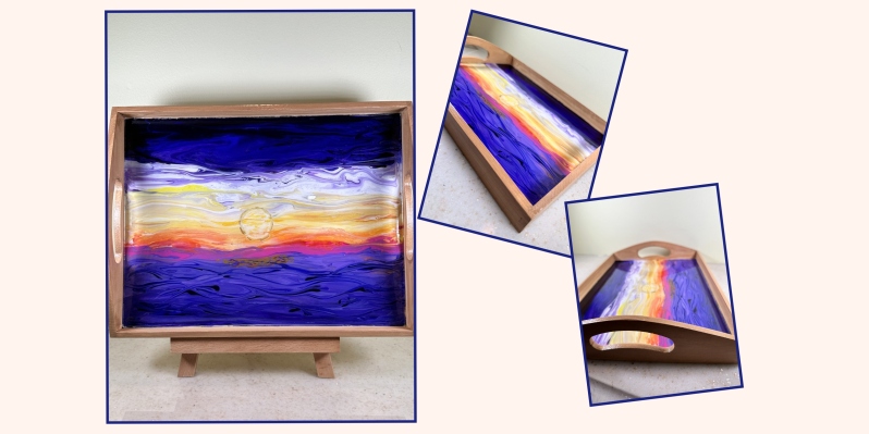 Product Description: Materials used: Fluid acrylics, wooden trays, resin coating, varnished sides</br></br>Dimensions or size:</br>Various designs</br>Artist Statement: Though I have been drawing and painting all my life, I have only recently decided to pursue art after decades in the sciences. Art, to me, has always been therapeutic. Drawing and painting is what I turned to when I needed to relieve stress, or when I needed to work on a problem without actively thinking about it. I have always felt that my creative side worked hand-in-hand with my analytical side, and I discovered this to be especially true as an emerging fluid artist. As a fluid artist, I deal mostly with acrylics but I am starting to expand into alcohol inks and other fluid media. My background in chemistry has given me insight into fluid dynamics, especially when evaluating the physical properties of the media I'm using, such as the roles density and surface tension plays in different fluids. Approaching and using technical or scientific concepts through a different lens--as an artist, as opposed to a chemist or pharmaceutical scientist--has broadened my understanding of fluids in a completely novel way. Needless to say, this has been an eye opening journey and I look forward to delving further into this exciting art form.</br></br>Bio: I am a chemist by education, and a pharmaceutical scientist and medical writer by profession. For nearly thirty years, I have worked in the pharmaceutical industry as a drug development scientist before switching from research to clinical studies and medical writing. I have worked in both the over-the-counter and ethical pharmaceuticals spaces, with a focus on the women's health and oncology therapeutic areas.</br></br>$24.00 *</br>*Price subject to sales tax.</br></br>Item Number: FK12</br> Wooden serving trays by Francine Kay